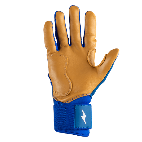Back view of a tan leather glove with blue trim and wristband featuring a white lightning bolt logo.