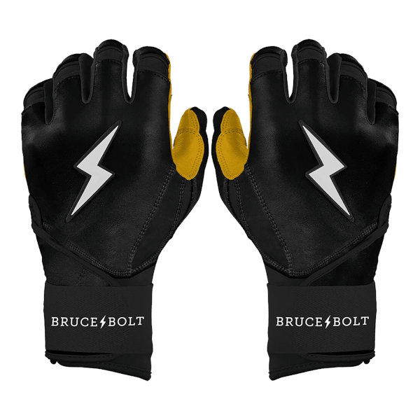 Front view of black batting gloves with yellow accents, white lightning bolt logos, and "BRUCE BOLT" text.