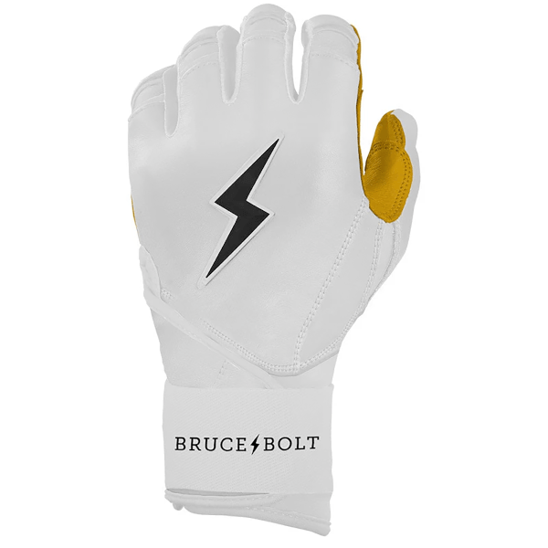 Front view of a white batting glove with a black lightning bolt logo and gold accents on the thumb and fingers, featuring "BRUCE BOLT" text on the wrist strap.