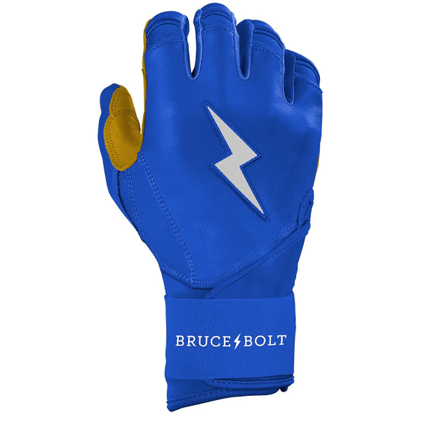 Front view of a blue baseball batting glove with gold accents, a white lightning bolt logo, and "BRUCE BOLT" text on the wrist strap.