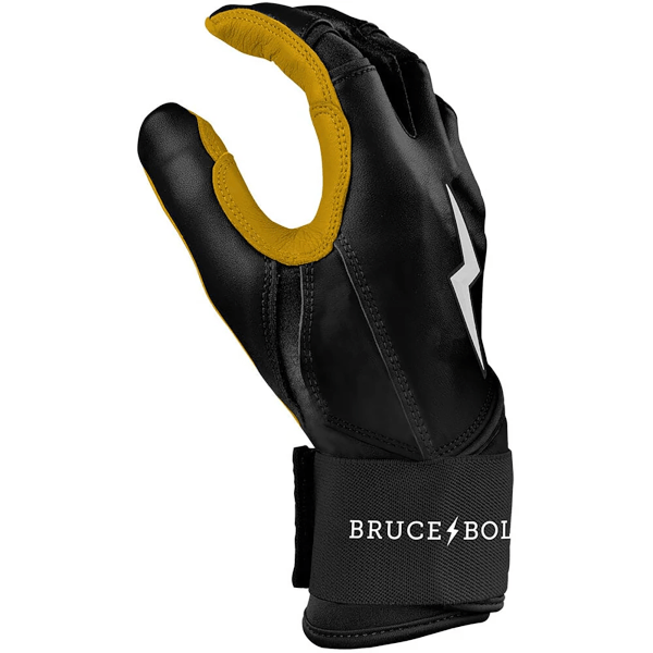 Outer palm view of a black and yellow batting glove with a white lightning bolt logo and "BRUCE BOLT" text on the wrist strap.
