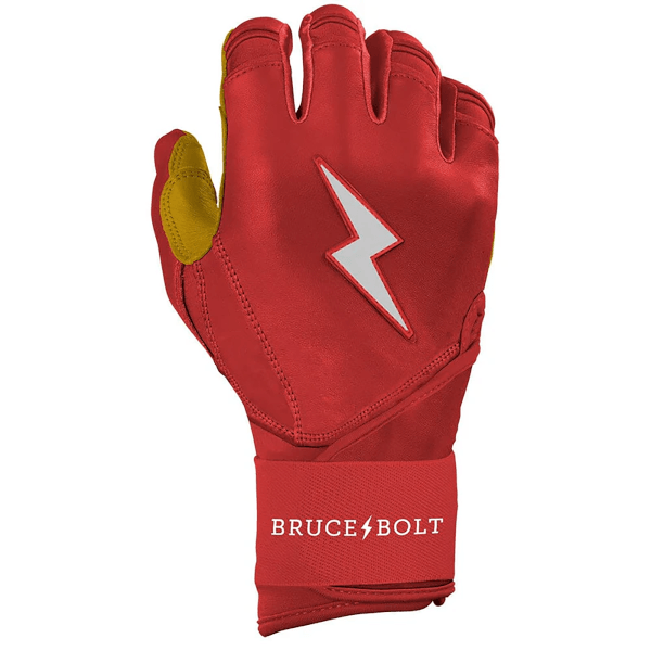 Front view of a red batting glove with yellow accents, a white lightning bolt logo, and "BRUCE BOLT" text on the wrist strap.