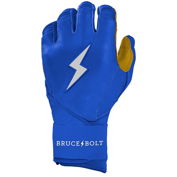 Front view of a blue batting glove with a white lightning bolt logo and "BRUCE BOLT" text on the wrist strap.