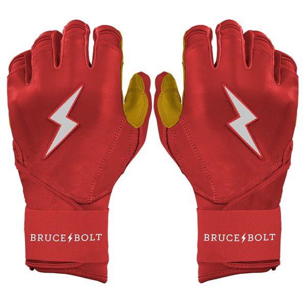 Front view of red batting gloves with yellow accents, a white lightning bolt emblem, and "BRUCE BOLT" text on the wristbands.