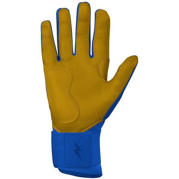 Palm-up view of a yellow batting glove with blue trim, cuff, and a lightning bolt logo.