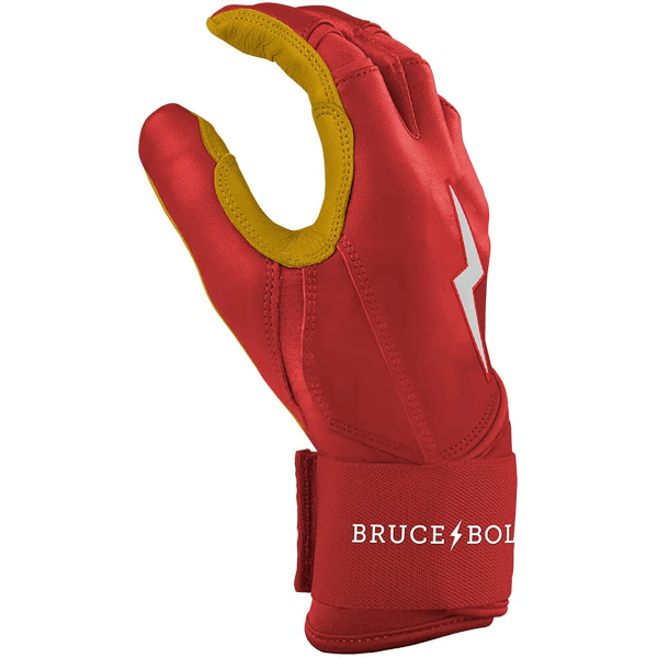 Side view of a red glove with yellow accents, a white lightning bolt logo, and "BRUCE BOL" text on the wrist strap.