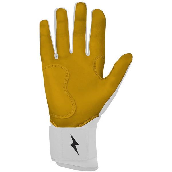 Front view of a gold batting glove with white accents and a black lightning bolt logo on the white wrist strap.