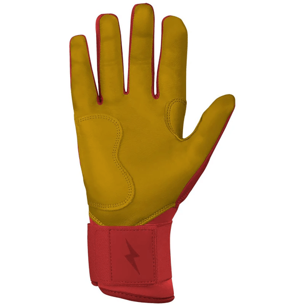 Front view of a yellow workout glove with red accents and a red wrist strap featuring a dark red lightning bolt logo.