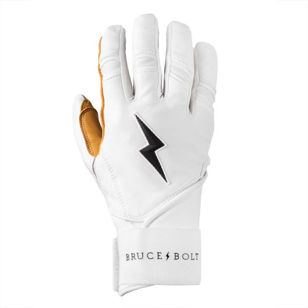 Back view of a white baseball batting glove with a black lightning bolt logo and "BRUCE BOLT" text on the wrist strap.