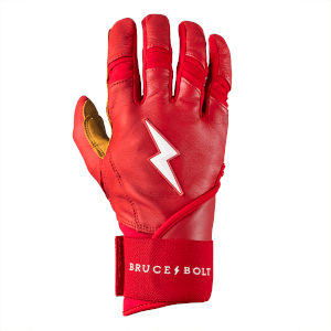 Front view of a red batting glove with a white lightning bolt and "BRUCE BOLT" text on the wrist strap.