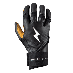 Front view of a black batting glove with a white lightning bolt logo and "BRUCE BOLT" text on the wrist strap.