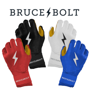 Front view of red, black, white, and blue Bruce Bolt batting gloves, each with a white lightning bolt logo and gold accents.