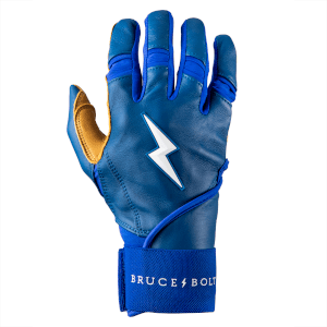 Front view of a blue batting glove with a white lightning bolt logo and "BRUCE BOLT" text.