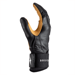 Side view of a black leather glove with tan accents, a white lightning bolt logo, and "BRUCE" text on the strap.