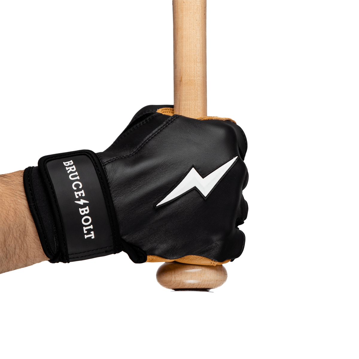 Front view close-up of a black batting glove with a white lightning bolt logo, holding a wooden bat.