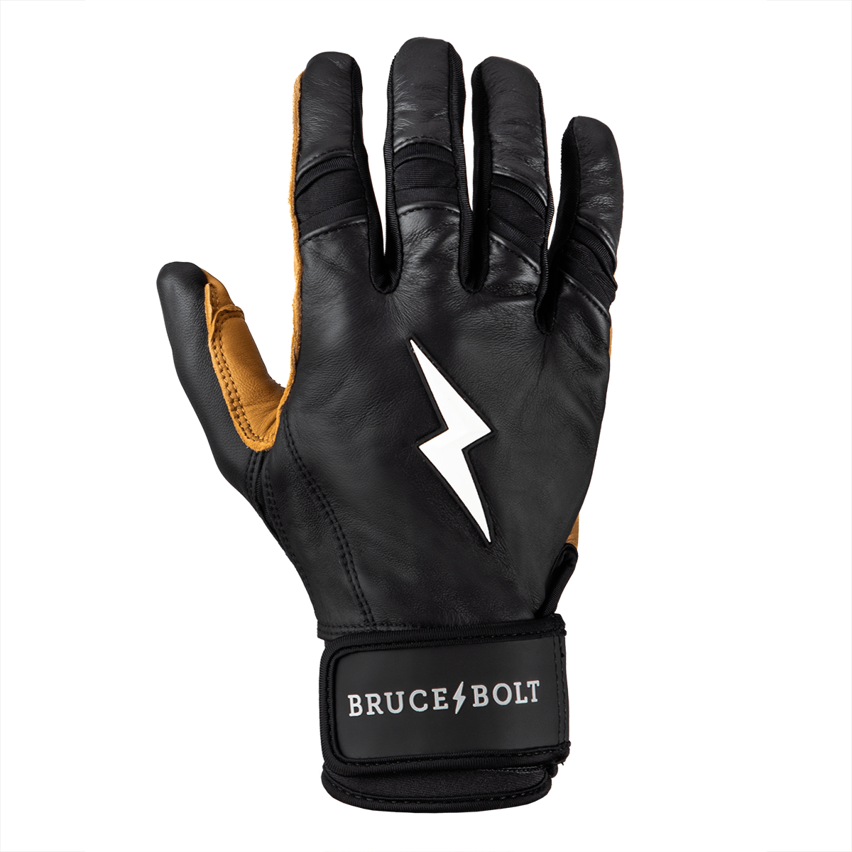 Front view of a black baseball batting glove with tan palm, a white lightning bolt graphic, and "BRUCE BOLT" text.