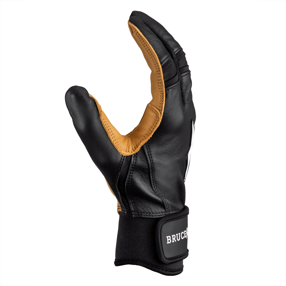 Side view of a black and tan leather glove with a black wrist strap featuring the white word "BRUCE".