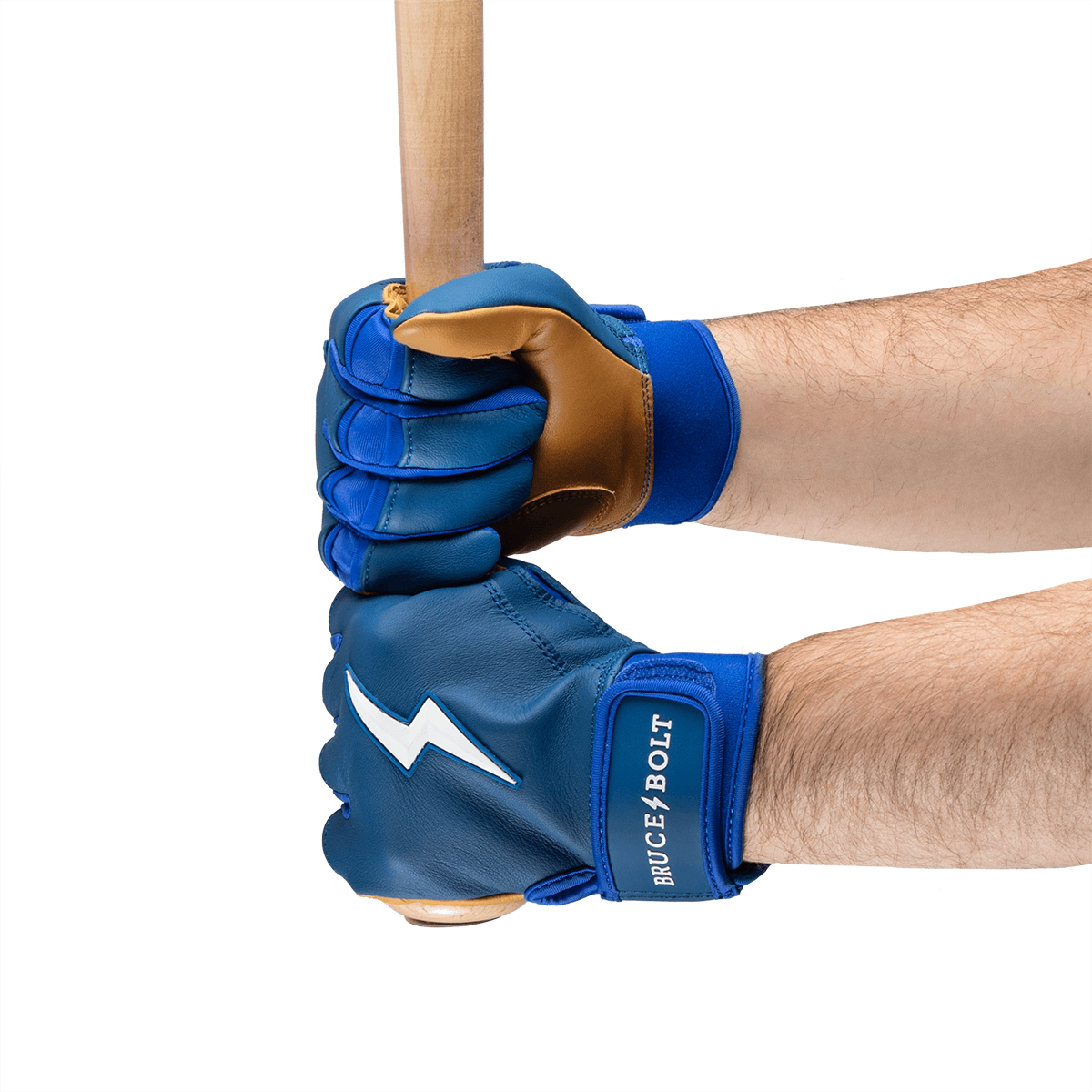 Close-up view of two hands wearing blue Bruce Bolt batting gloves, gripping a wooden baseball bat.