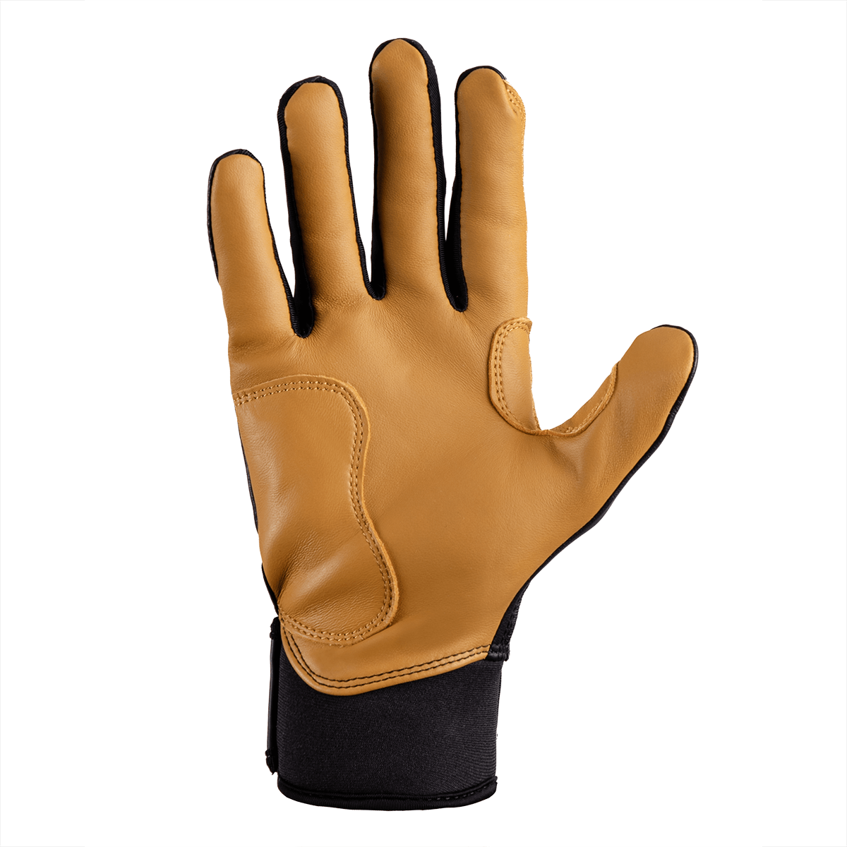Front view of a tan leather glove with black fabric accents and a black elastic cuff.