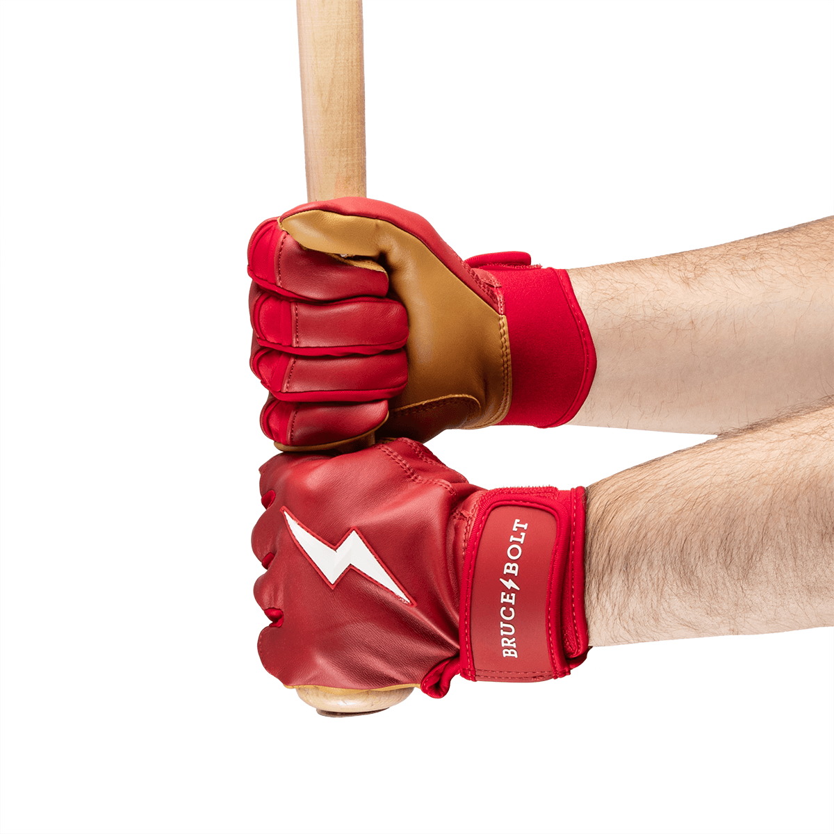 Close-up of hands wearing red batting gloves gripping a wooden baseball bat, showing a white lightning bolt and "BRUCE BOLT" text.