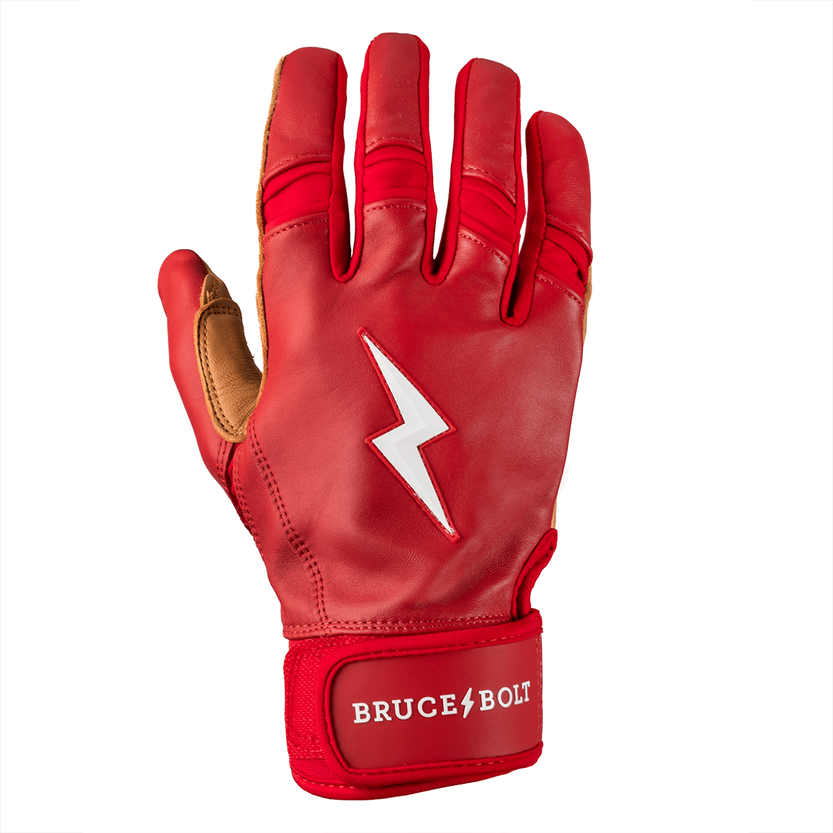 Front view of a red batting glove featuring a white lightning bolt logo and "BRUCE BOLT" text.