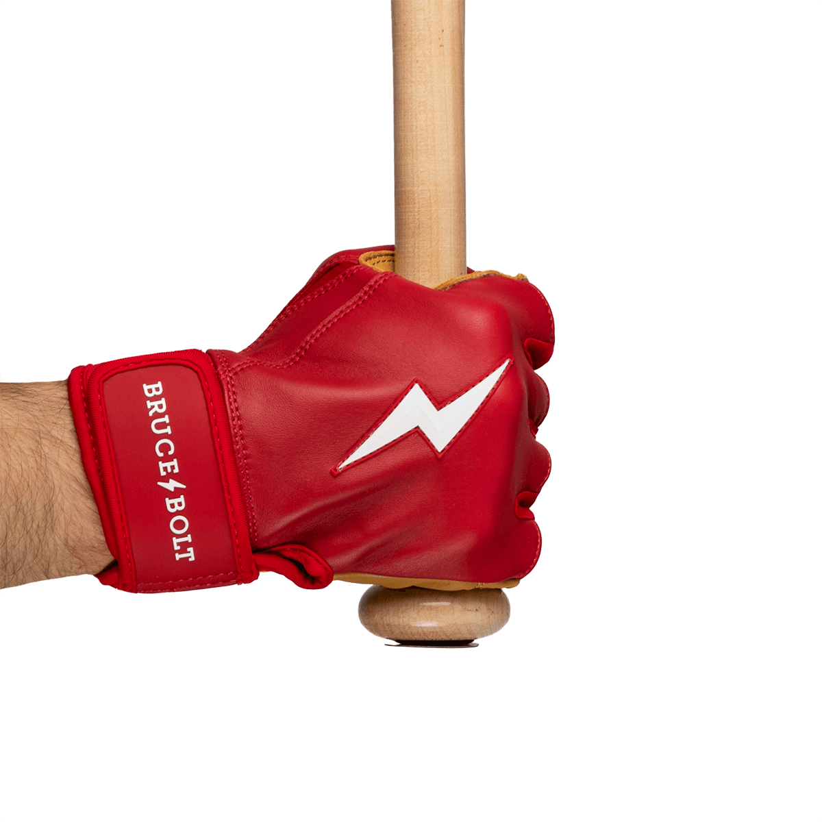 Front view of a red batting glove with a white lightning bolt logo and "BRUCE BOLT" text, gripping a wooden baseball bat.