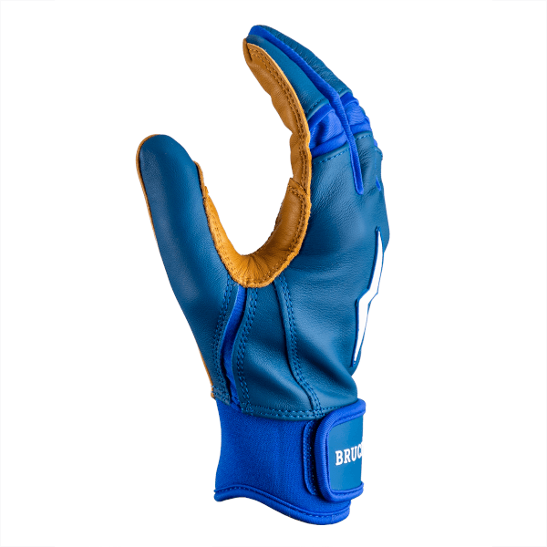 Side view of a blue batting glove with tan leather accents and "BRUCE" logo on the wrist strap.