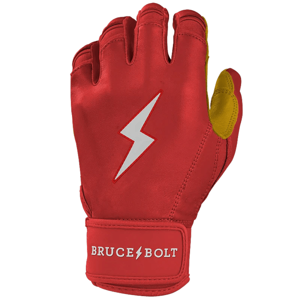 Front view of a red batting glove with a white lightning bolt and "BRUCE BOLT" branding.