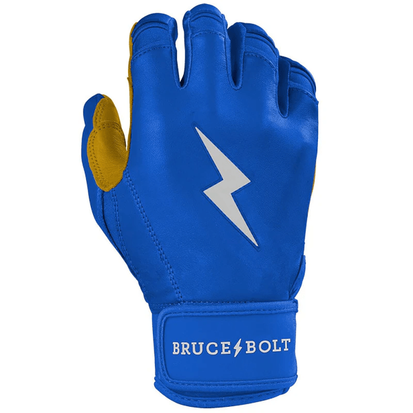 Front view of a blue batting glove with yellow accents, a white lightning bolt logo, and "BRUCE BOLT" text on the wrist strap.