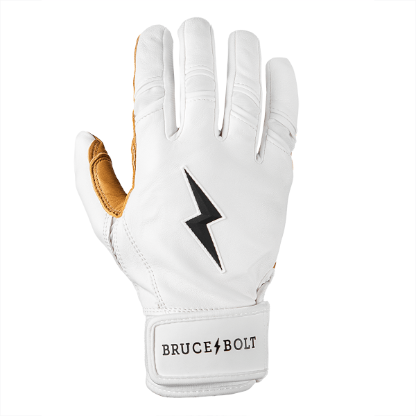Front view of a white batting glove with a black lightning bolt logo and "BRUCE BOLT" text on the wrist strap.