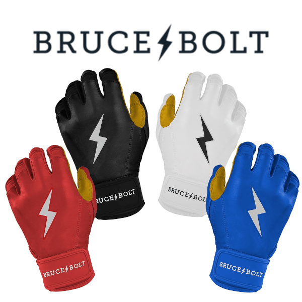 Four baseball gloves in red, black, white, and blue, each with a white lightning bolt and the text "BRUCE BOLT" on the wrist strap.