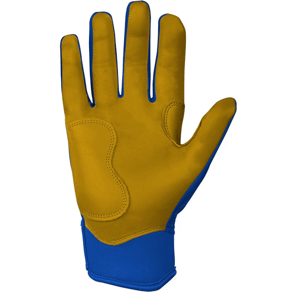 Front view of a gold and blue work glove with reinforced palm stitching and a blue cuff.