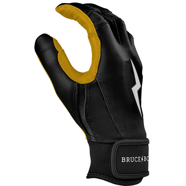 Side view of a black and yellow batting glove with a white lightning bolt logo and "BRUCE BO" text.