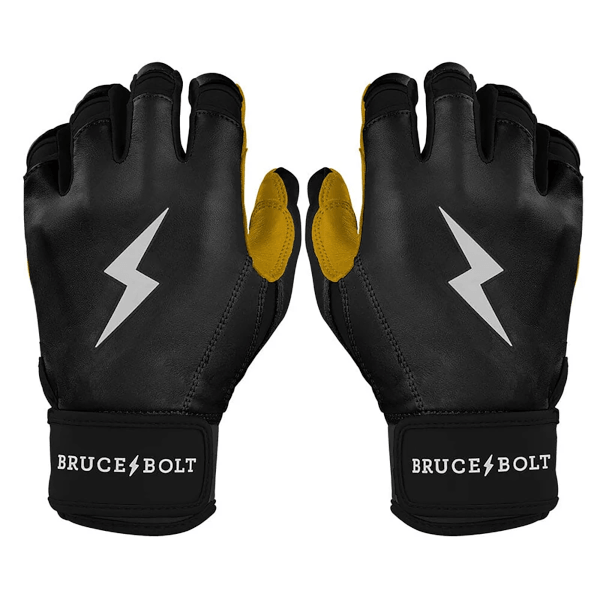 Front view of black batting gloves with gold accents, featuring white lightning bolts and "BRUCE BOLT" text.