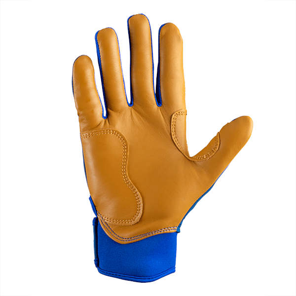 Palm view of a tan leather glove with blue fabric accents and contrasting blue stitching.
