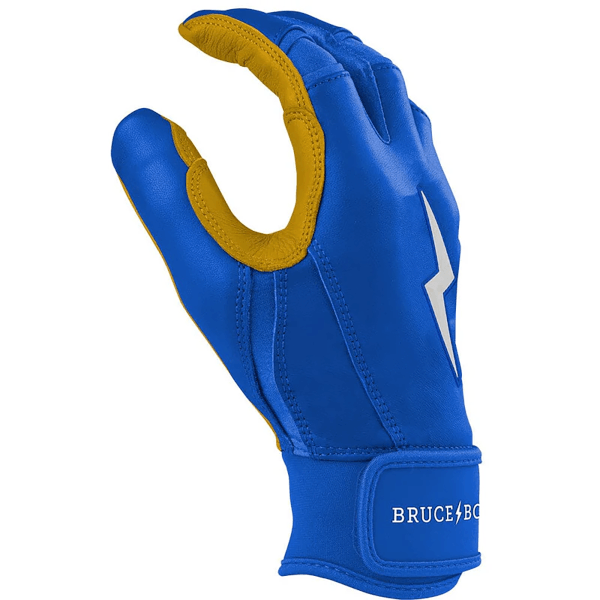 Front view of a blue batting glove with gold accents, a white lightning bolt logo, and "BRUCE BG" text.