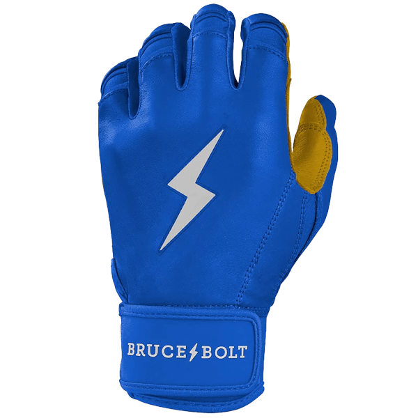 Front view of a royal blue batting glove with a white lightning bolt logo and yellow accents on the fingers. "BRUCE BOLT" is printed on the wrist strap.