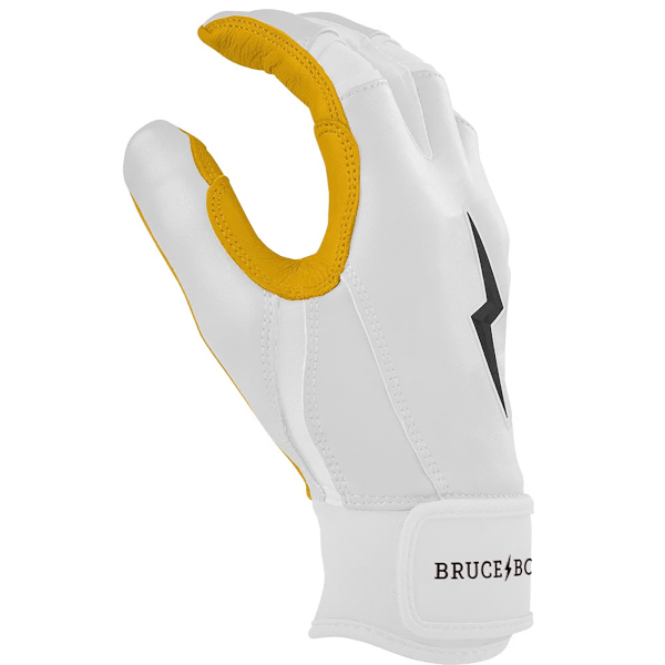 Side view of a white batting glove with yellow accents, a black lightning bolt logo, and "BRUCE BC" on the wrist strap.