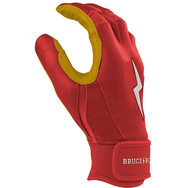 Back view of a red baseball glove with yellow accents, a white lightning bolt logo, and "BRUCE BO" text on the wrist strap.