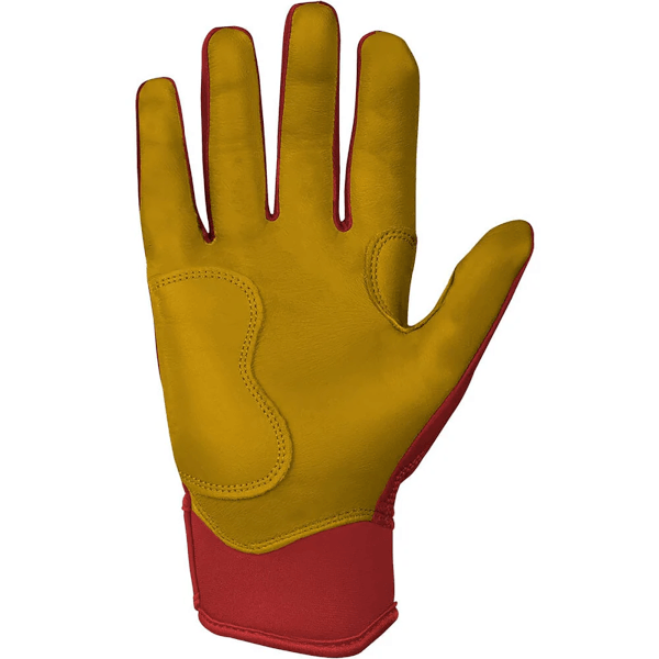 Palm view of a yellow and red work glove with detailed stitching and reinforced areas.