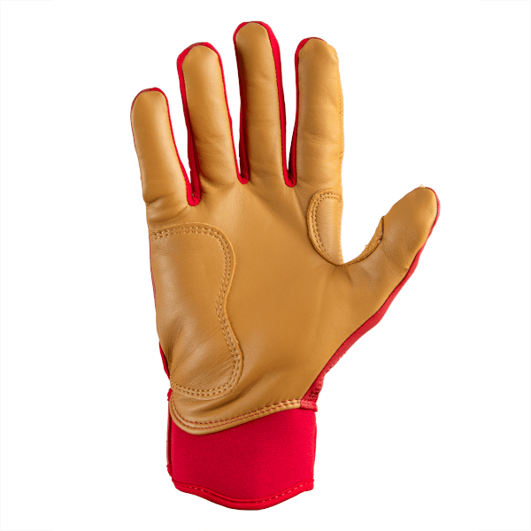 Back view of a tan leather glove with red lining and cuff.