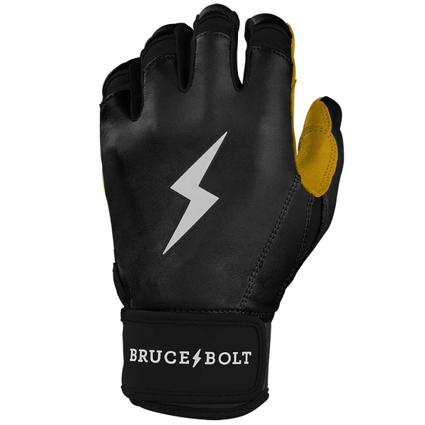 Front view of a black batting glove with a white lightning bolt logo and yellow accents, showing "BRUCE BOLT" on the wrist strap.