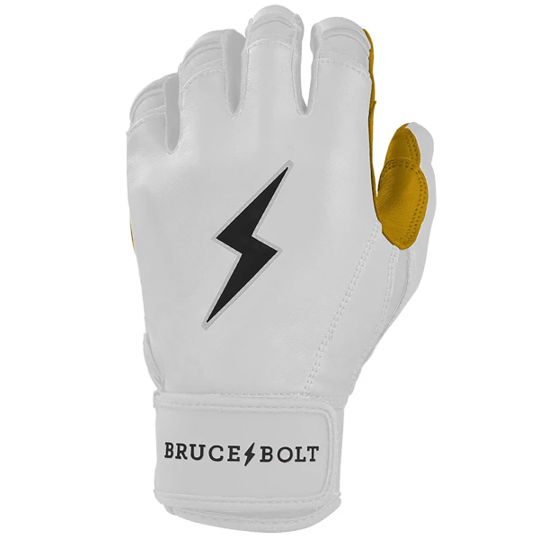 Back view of a white batting glove with a black lightning bolt logo and yellow accents, featuring the text "BRUCE BOLT" on the wrist strap.
