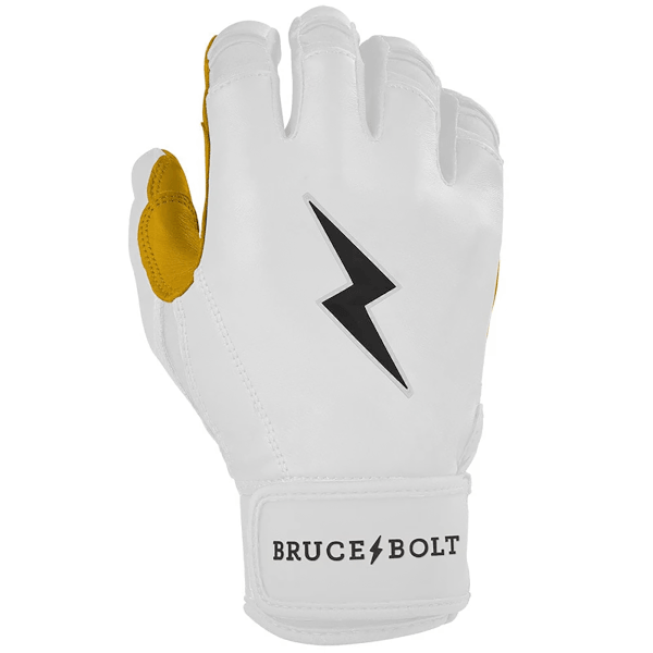 Front view of a white batting glove with gold accents, a black lightning bolt logo, and "BRUCE BOLT" text.