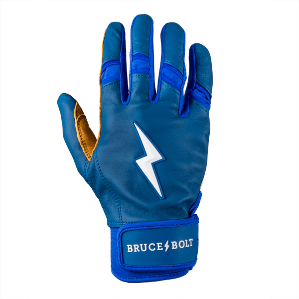 Top-down view of a blue batting glove with a white lightning bolt logo and "BRUCE BOLT" text on the wrist strap.