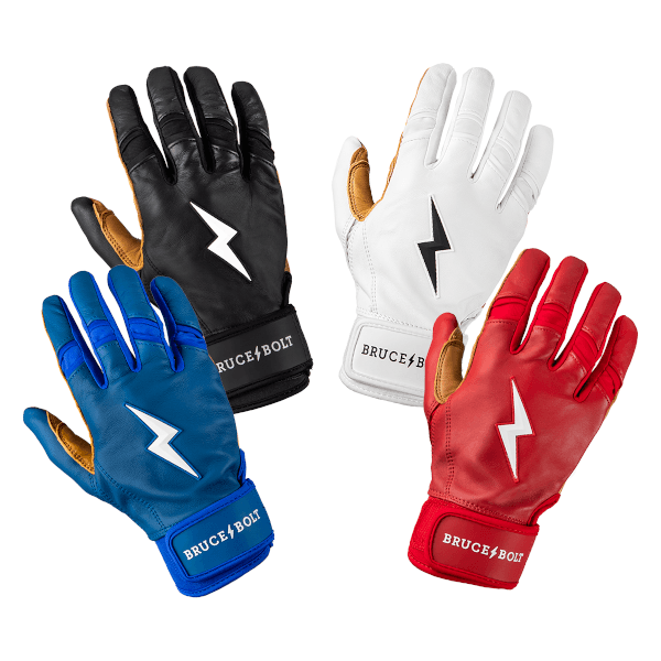 Front view of a blue batting glove with a white lightning bolt logo and "BRUCE BOLT" text on the wrist strap.