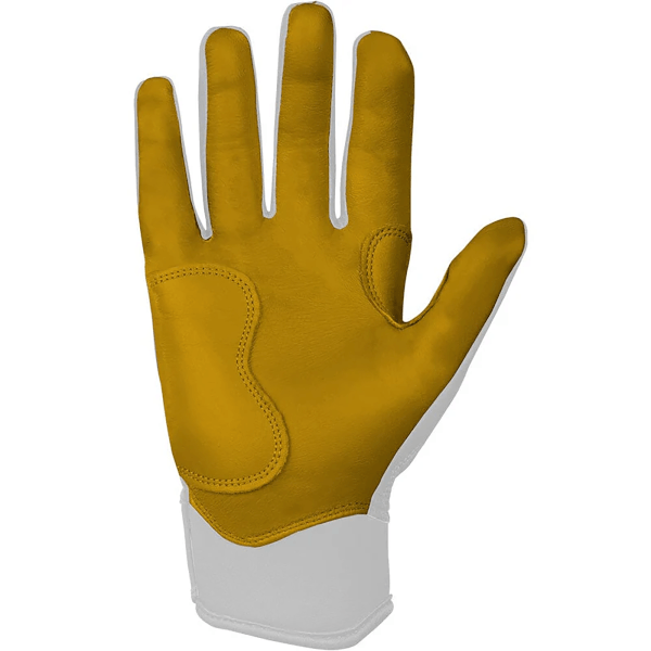 Front view of a yellow leather work glove with white fabric cuff and stitching details.