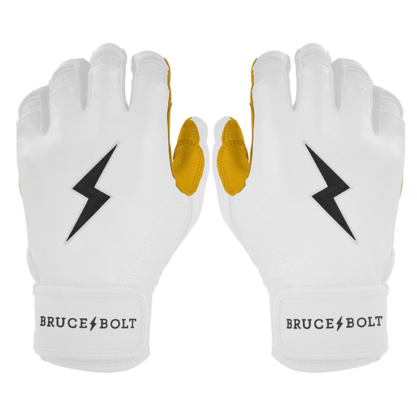 Front view of white batting gloves with gold accents, black lightning bolts, and "BRUCE BOLT" text on the wrists.