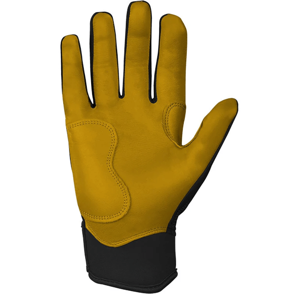 Palm view of a yellow leather glove with black accents and stitched detailing.