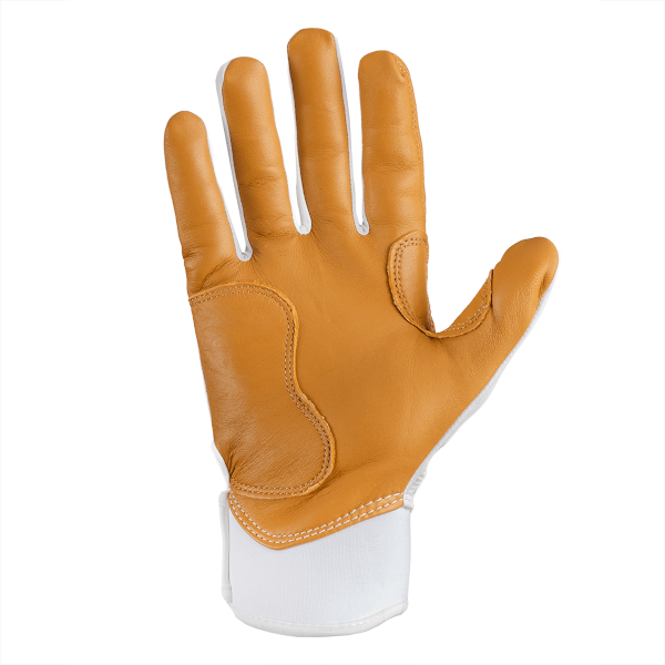Palm view of a brown leather work glove with white fabric cuff and white stitching.